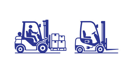 Naklejka premium Blue line art icons of industrial warehouse forklifts in operation and empty with forklift warehouse logistics industrial shipping transport handling delivery equipment
