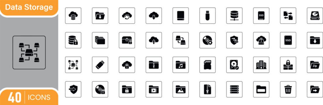 Data storage solid icon set vector for digital security cloud computing and backup solutions