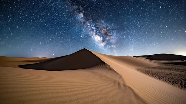A vast desert landscape unfolds under a breathtaking night sky ablaze with stars and the Milky Way