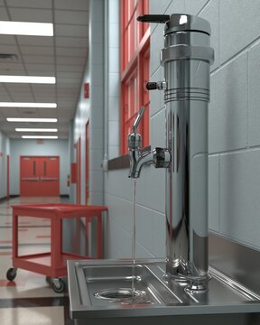 Water bottle filler with flow restrictor in school hallway
