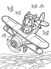 Fototapeta premium Coloring page, clever fox flying a vintage propeller airplane.