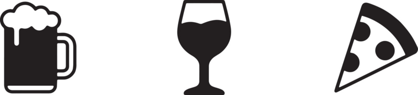 Pub food and drink icon set featuring beer mug wine glass and pizza slice