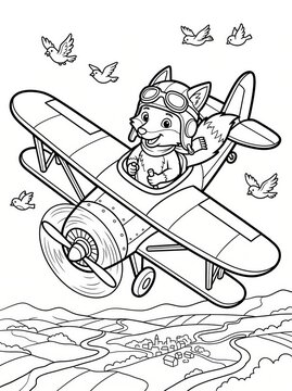 Coloring page, clever fox flying a vintage propeller airplane.