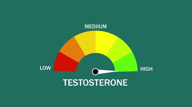 Animated testosterone level gauge meter indicating hormonal balance and health status with dynamic needle movement from low to for medical, fitness, and endocrinology educational presentations