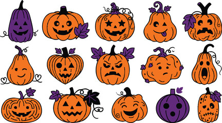 Fototapeta premium Halloween Pumpkin Faces Collection – Cute Jack O' Lantern Cartoon Clipart Set, Flat Vector Halloween Pumpkin Bundle