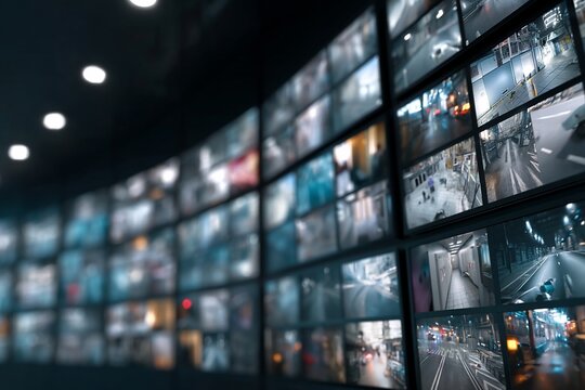 Modern video wall display with multiple screens in dark room.