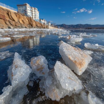 Frozen ice shards on a winter shoreline beach.
