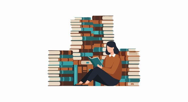 Woman Reading Book Sitting Surrounded by Huge Stacks of Books Illustration - Education and Knowledge Concept