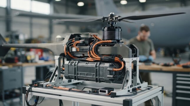 Military drone electric powertrain with lithium battery module, high voltage wiring, cooling fins, and rotorcraft on a test stand in a hangar.
