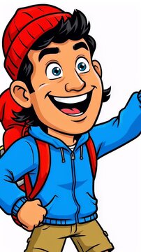Cartoon hiker boy with backpack pointing towards the sky.
