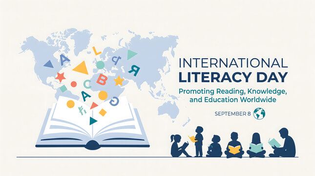 International Literacy Day Horizontal Banner with Reading and Knowledge Concept