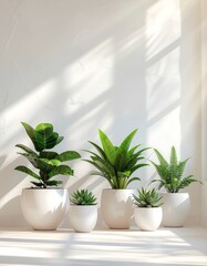 Fototapeta premium Small green potted plants on white windowsill.