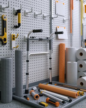 Walker grip replacement tray and therapy equipment storage with foam rollers