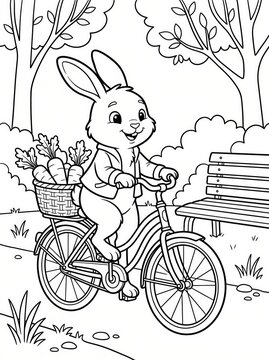 Coloring page, happy bunny riding a bicycle with a basket.