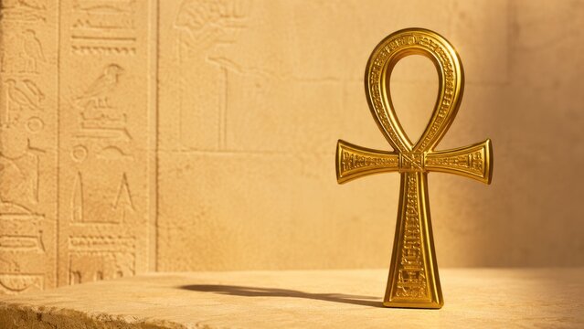 Gold ankh standing on stone pedestal before carved hieroglyph wall, warm light casting shadow, ancient Egyptian symbol of life