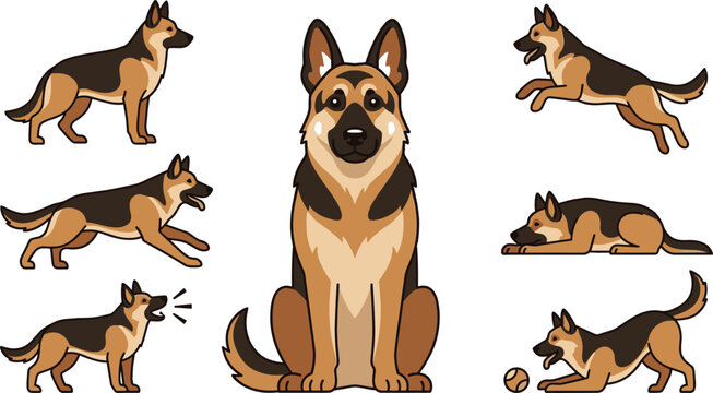 German Shepherd dog vector illustration set with dynamic poses including sitting, running, barking, jumping, and playing
