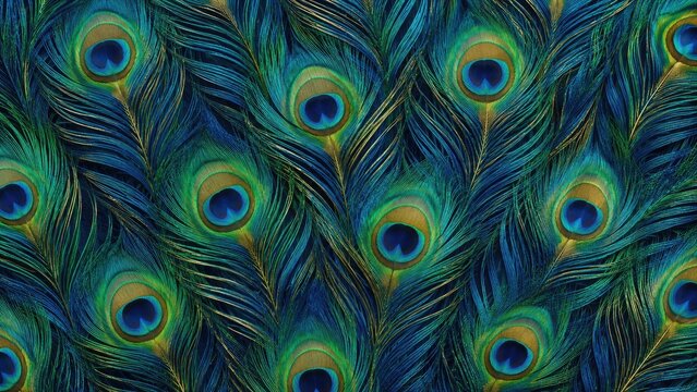 Close-up pattern of vibrant iridescent peacock feathers with eye spots in blue, green and gold