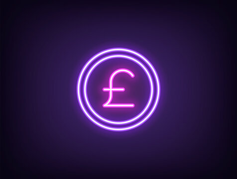 Outline neon pound coin, violet magenta. Neon coin with pound sterling sign, digital money token. GBP currency, financial market and trade, money earn, finance budget, bank cash. Vector