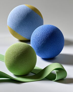 Three Soft Grip Therapy Balls with Green Fabric Strap on Light Gray Surface