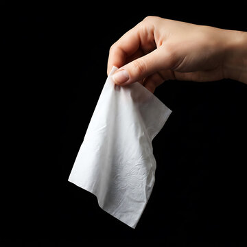 Hand holding white tissue paper against black background