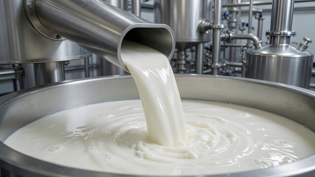 Industrial food processing machine pouring fresh white milk into tank.