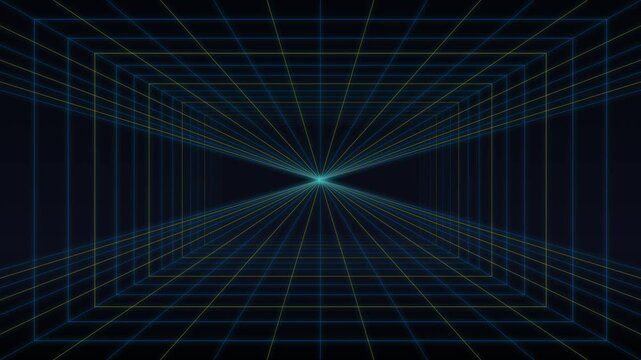 Abstract digital background with glowing blue neon grid lines forming a perspective tunnel into a dark center point