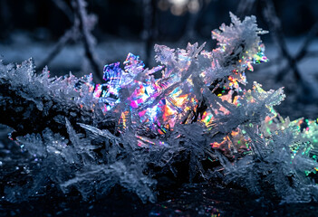Obraz premium Vibrant prismatic frost crystals on frozen winter branch
