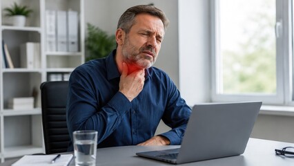 Fototapeta premium Middle-aged man in an office clutching his sore throat while working on a laptop