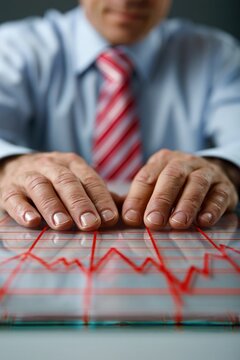 Analyst hands pausing over acrylic graph model with abrupt stop