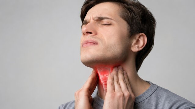 Young adult man clutching his throat with a pained expression and red inflamed throat illustration indicating sore throat and throat pain
