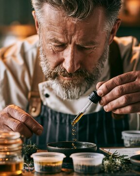 Middle-aged chef adding oil drops to plant-based sample in test kitchen