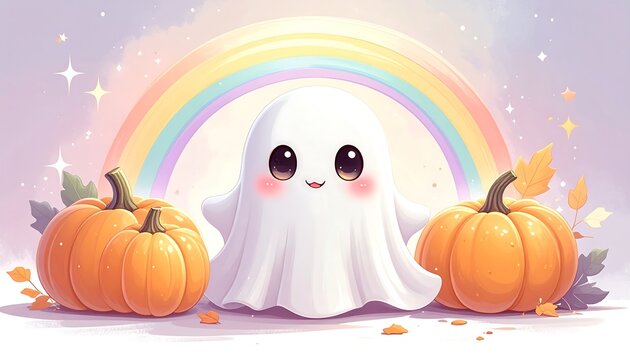 Cute illustration of a friendly ghost with rosy cheeks, pumpkins, autumn leaves, and a rainbow. Stars twinkle. Pastel colors create a gentle scene