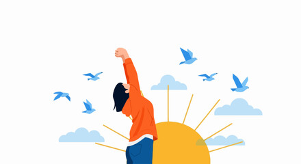 Fototapeta premium Flat Illustration of a Woman Stretching her Arms at Sunrise with Blue Birds, Concept of Morning Wellness, Freedom and Positive Energy
