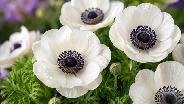 Close-up of white anemone flowers with dark purple-black centers and lush green foliage