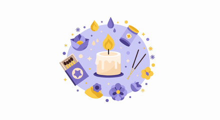 Fototapeta premium Aromatherapy and Wellness Flat Illustration with Burning Candle, Incense Sticks, Matches, and Flowers for Zen and Relaxation Concept
