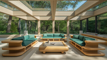 Fototapeta premium Modern luxury living room interior with green sofas and wooden furniture under a glass roof.