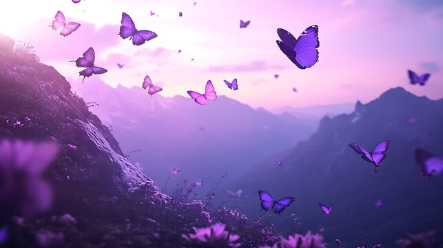 Purple butterfly swarm over mountain landscape fantasy digital art