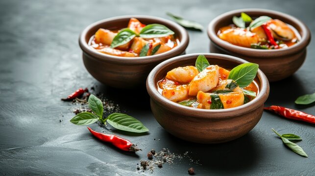 Three rustic bowls of spicy prawn curry garnished with basil and chili peppers.