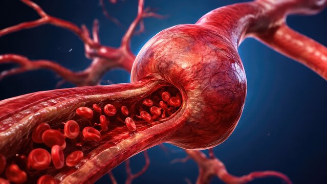 Realistic 3D medical illustration of a saccular cerebral aneurysm bulging from an artery with visible blood flow and red blood cells
