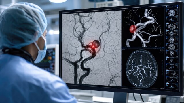 Medical professional reviewing brain angiography and 3D vascular images on monitor highlighting a cerebral aneurysm for diagnostic and treatment planning