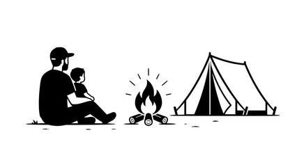 A father and son sitting by a campfire in front of a tent while camping outdoors