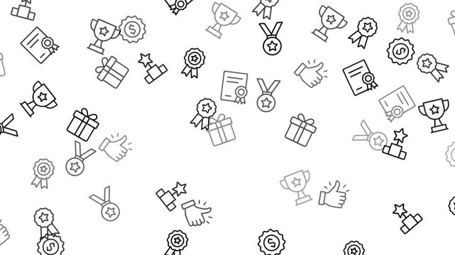 Seamless pattern background with various achievement and success icons in outline style.