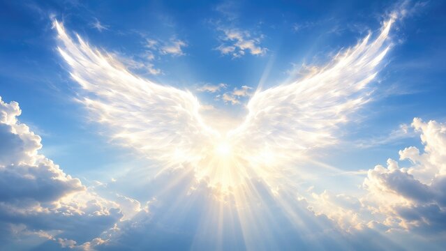 Radiant angelic wings of light formed by a sunburst amid blue sky and clouds, evoking heavenly, spiritual and uplifting imagery