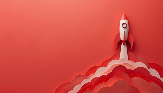 Business startup launch, career growth and video content success concept with 3D papercut rocket on red background