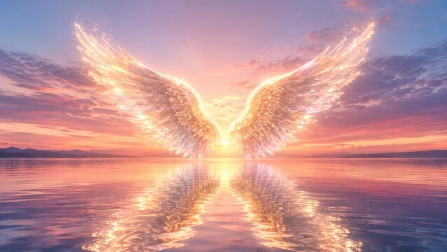 Glowing angel wings of light reflected on calm water at sunrise, creating a serene, ethereal golden-pink celestial scene