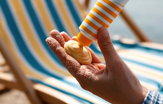 Sunbathing Hand Holding Sunscreen Tube