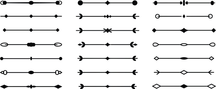 Black geometric text dividers and typographic rules collection for elegant book layout editorial design and invitation formatting