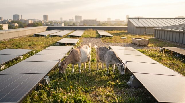 Two goats roam freely, munching on grass around solar panels atop a building. The warm glow of sunset bathes the city skyline, creating a serene atmosphere.