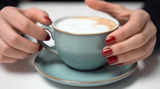 Hands with dark red nails hold a cup of frothy coffee on a saucer