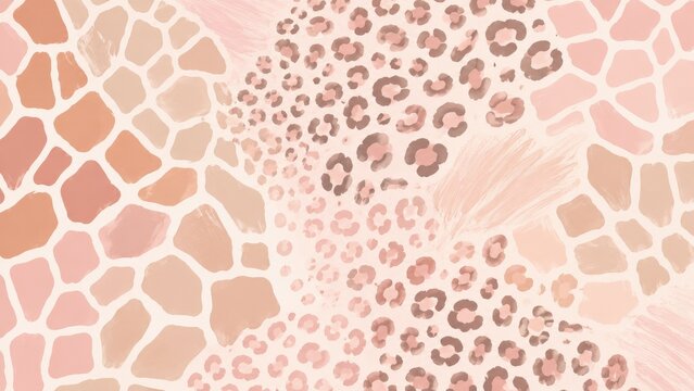 Pastel pink and beige animal print collage with leopard and giraffe spots, brush strokes and soft textured background